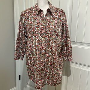 Lands' End Tunic No‎ Iron Top Blouse 16 Ivory Paisley Floral career Floral